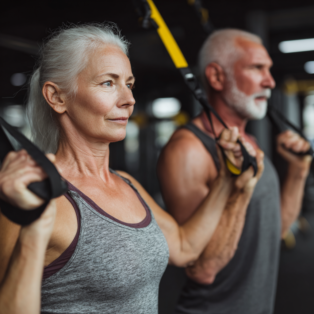 mature adults doing strength training exercises with professional equipment