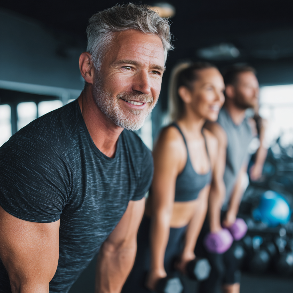 middle-aged professionals exercising in modern fitness facility with personal trainer guidance